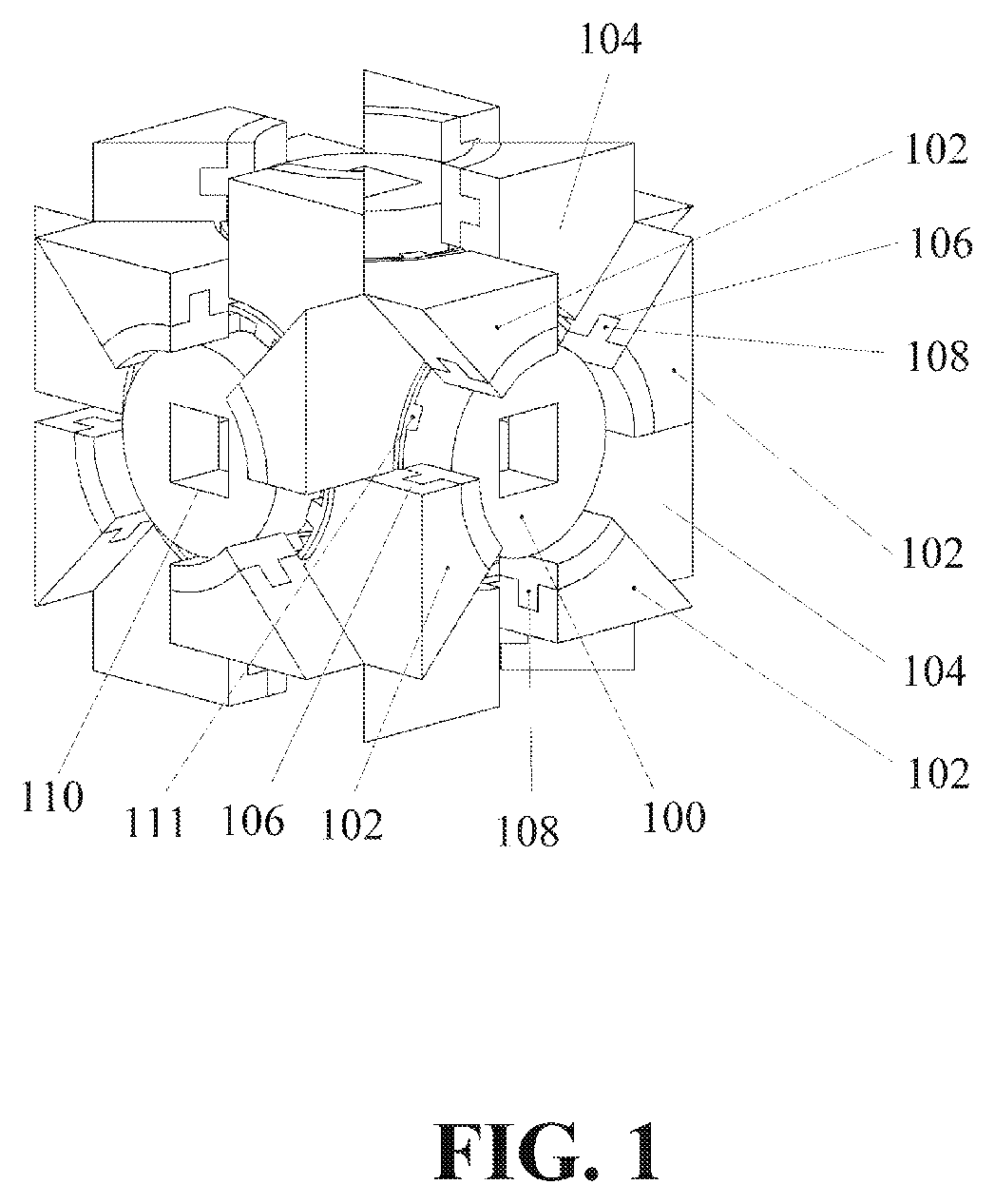Figure 1 from U.S. Patent 12,741,228: isometric view of one construction-kit cube showing the rotary locking element (100) in each face, the face protrusions (102) and recesses (104), the annular grooves (106), and the tool aperture (110)
