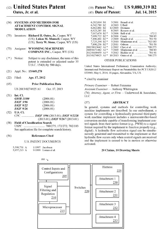 US Patent No. 9,080,319: Systems and Methods for Attachment Control Signal Modulation